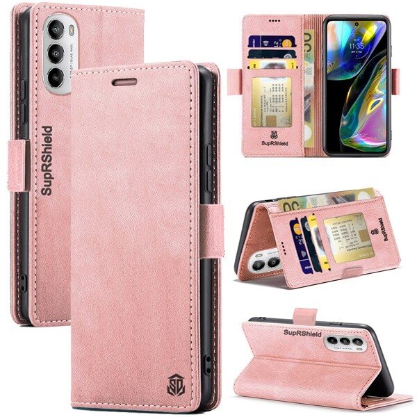 For Motorola Moto G82 5G Case RFID Blocking Retro Flip Premium Leather Card Holder Wallet Cover – (Rose Gold) For Motorola Moto G82 5G Case RFID Blocking Retro Flip Premium Leather Card Holder Wallet Cover – (Rose Gold)
